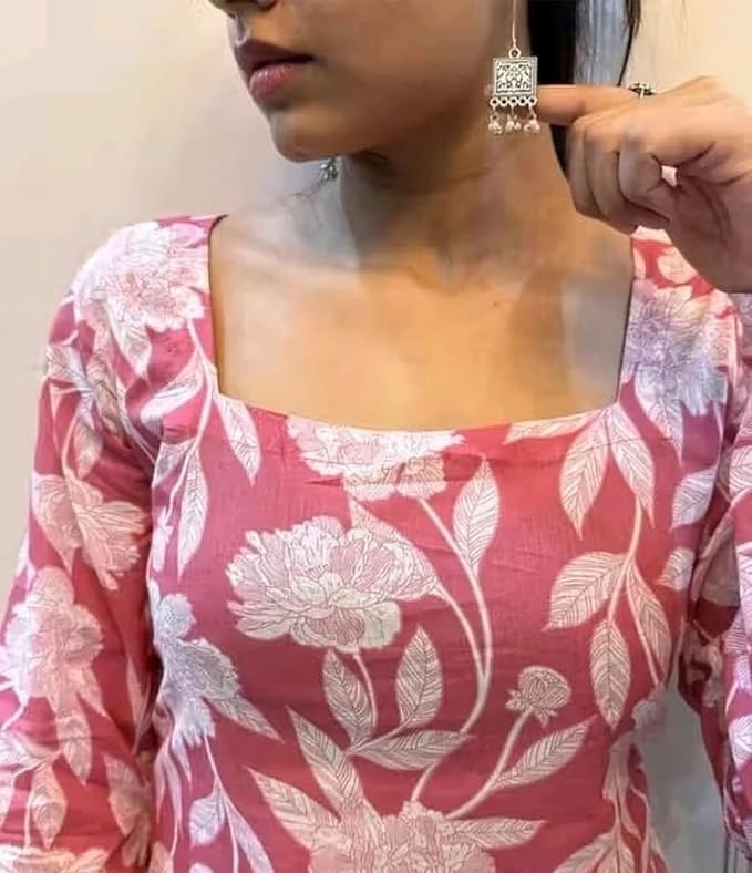 Women's Rayon Kurti, Pink Floral Print, Square Neck, Long Bell Sleeves, Casual Wear - Image 2