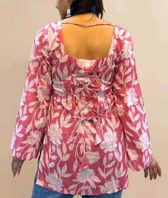 Women's Rayon Kurti, Pink Floral Print, Square Neck, Long Bell Sleeves, Casual Wear - Image 3