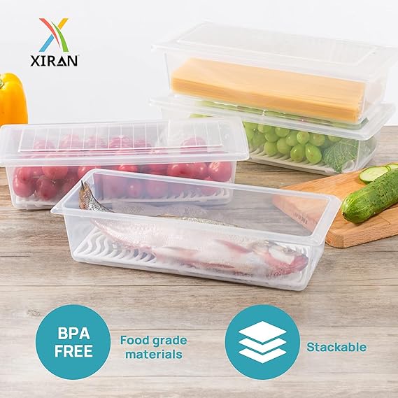 6 Fridge Storage Boxes Fridge Organizer With Removable Drain Plate&Lid Stackable Fridge Storage Containers Plastic Freezer Storage Containers For Fish,Meat,Vegetables,Fruits(1500Ml),Transparent - Image 3