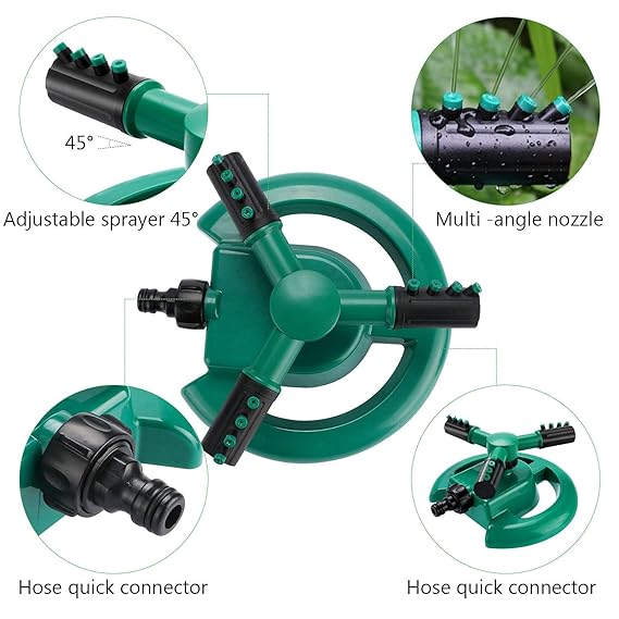 1 Pc Automatic 360 ° Rotating Adjustable Round 3 Arm Lawn Water Sprinkler for Watering Garden Plants/Pipe Hose Irrigation Yard Water Sprayer (Green) - Image 4