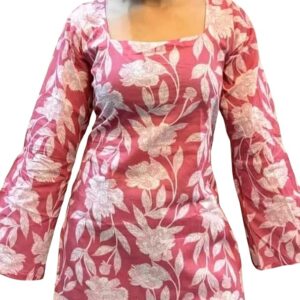 Women's Rayon Kurti, Pink Floral Print, Square Neck, Long Bell Sleeves, Casual Wear
