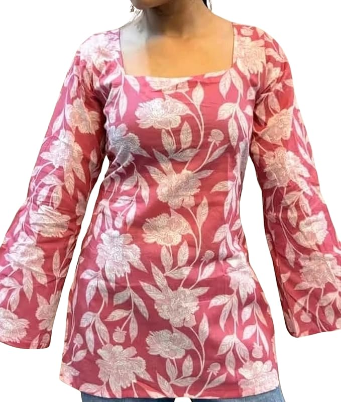 Women's Rayon Kurti, Pink Floral Print, Square Neck, Long Bell Sleeves, Casual Wear