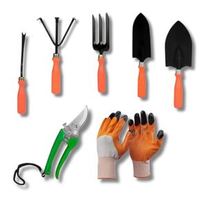 Home Tools, 7Pcs Gardening Tools Kit for Home Garden - (Cultivator, Fork, Trowels, Weeder, Gloves, Pruner Cutter), Lightweight, Portable, Durable Gardening Items for Indoor and Outdoor Use