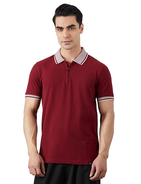 Cotton Rich Solid Zipper Polo Collar Tshirts | Half Sleeves | Plain-Regular Fit (Available in Plus Sizes) - Image 2