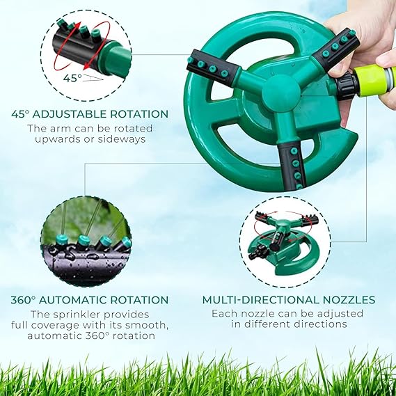 1 Pc Automatic 360 ° Rotating Adjustable Round 3 Arm Lawn Water Sprinkler for Watering Garden Plants/Pipe Hose Irrigation Yard Water Sprayer (Green) - Image 3