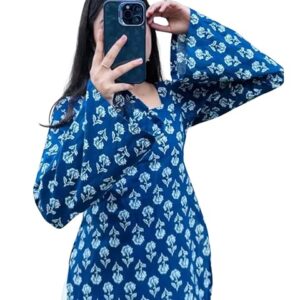 Women's Rayon Kurti, Blue Floral Print, Round Neck, Long Bell Sleeves, Casual Wear