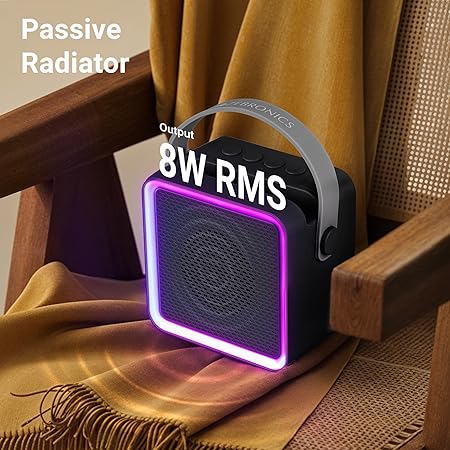 Portable Bluetooth Speaker, 8 Watts, Upto 7 Hours Playback, Passive Radiator, BTv5.3 | TWS | USB | mSD, RGB LED, Call Function, Compact Design, Carry Strap (Black) - Image 2