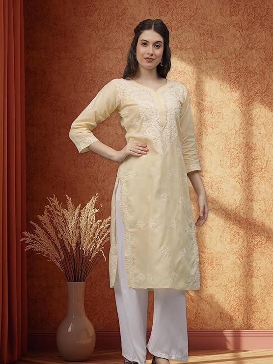 Lucknowi Chikankari Appricoat Peach Terivoil Cotton Kurta for Women SCL4603 - Image 2